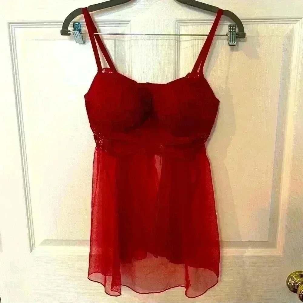 Victoria's Secret Women's Red Lace Sheer Babydoll Push Up Bra Chemise Size 36D